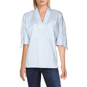 Calvin Klein V-Neck Tie Sleeve Blouse Blue White Size Medium